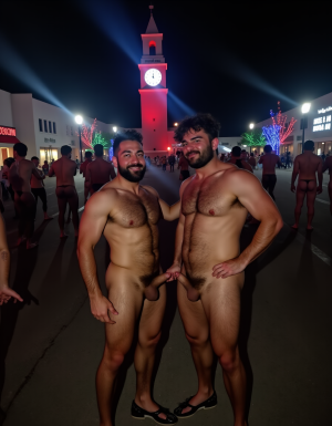 Reloj de Noche Vieja. En la plaza de un pueblo está el reloj del ayuntamiento, ahí están Juan y Pedro, tienen calzado estilizado pero están totalmente desnudos. Pedro está con el culo abierto hacia el pene de Juan y Juan está de pie.
Juan es un hombre de 50 años de edad, muy atlético y tiene sus músculos muy definidos y está muy peludo, está totalmente desnudo, tiene un pene largo erecto de 36cm de longitud y 9cm de diámetro, tiene cabello negro largo y desordenado, tiene barba abundante de color negro, tiene mucho vello pectoral, tiene piernas masculinas con abundante vello, tiene brazos peludos, está sonriendo de felicidad.
Pedro es un hombre de 58 años de edad con músculos marcados sin grasa, está totalmente desnudo en la plaza del pueblo frente al reloj del ayuntamiento, tiene un pene largo de 39 cm de longitud y 9 cm de diámetro, tiene cabello rizado abundante y largo de color rojo, tiene abundante vello pectoral rojo oscuro en abundancia, tiene piernas masculinas con mucho vello, tiene brazos peludos y muy masculinos. Pedro tiene presencia atlética y es muy peludo, mucho pelo por todo su cuerpo.
La luz de colores rojo azul verde y blanco envuelve el ambiente. Hay focos de luz que reflejan rayos de luz blanca con brillos luminosos. La plaza y su alrededor está llena de adornos navideños y luces de colores. Pedro y Juan enseñan sus músculos marcados y bien definidos. En un pared está el texto luminoso: 