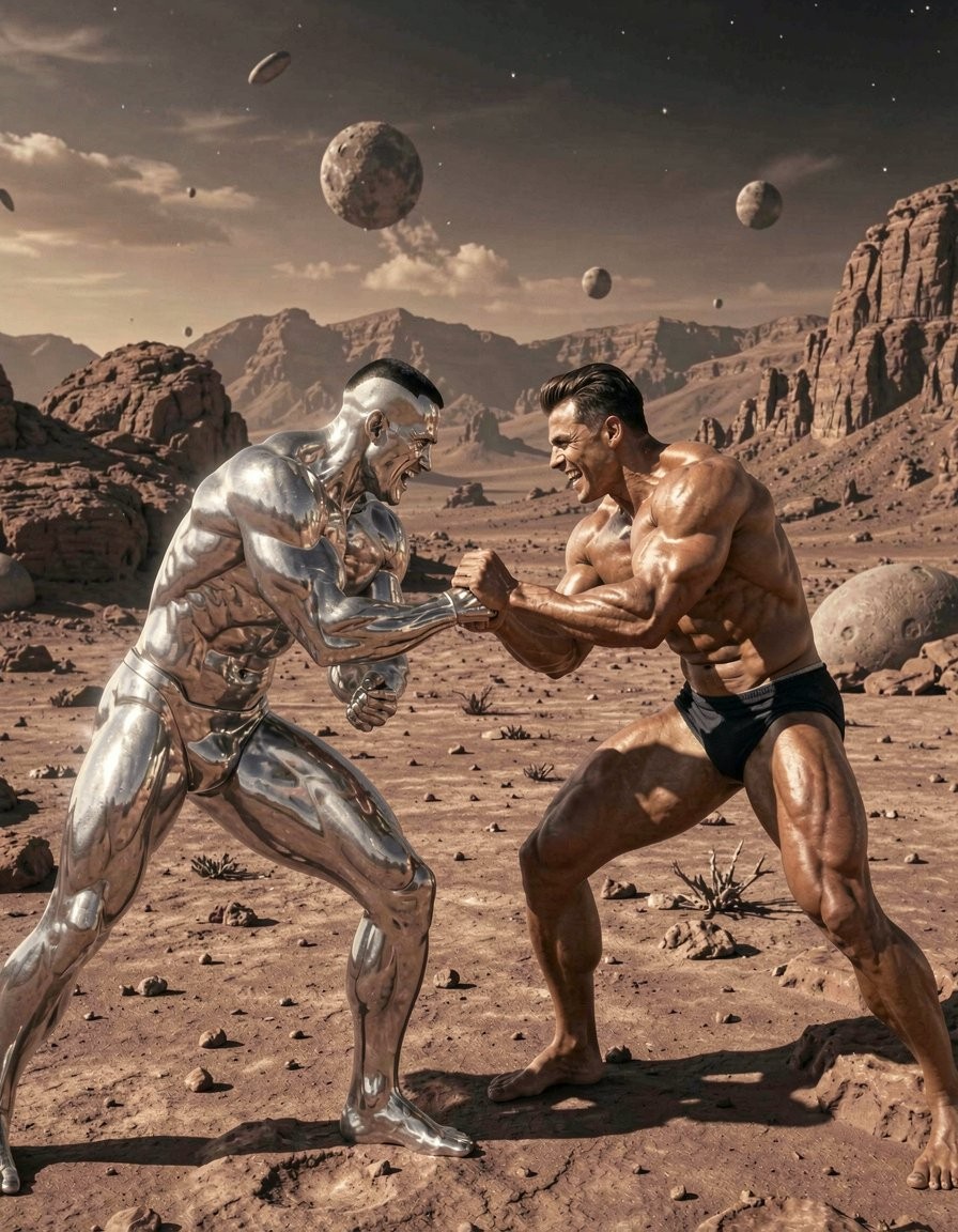 Un hombre extremadamente musculoso, vestido solo con un slip negro, se enfrenta en un pulso de fuerza a una figura humanoide de aspecto alienígena cubierta por una superficie metálica plateada y reflectante, como si fuera cromo líquido. Ambos están tensos, inclinados hacia delante y sujetándose las manos con expresión agresiva, marcando una escena de combate cuerpo a cuerpo en un paisaje desértico de ciencia ficción. El entorno recuerda a un planeta rocoso y árido, con suelo rojizo, piedras dispersas, cañones, montañas escarpadas y grandes formaciones de roca bajo un cielo oscuro lleno de asteroides, lunas o planetas flotantes. La iluminación dramática resalta los músculos, el sudor, los reflejos metálicos y la atmósfera épica de duelo extraterrestre.
