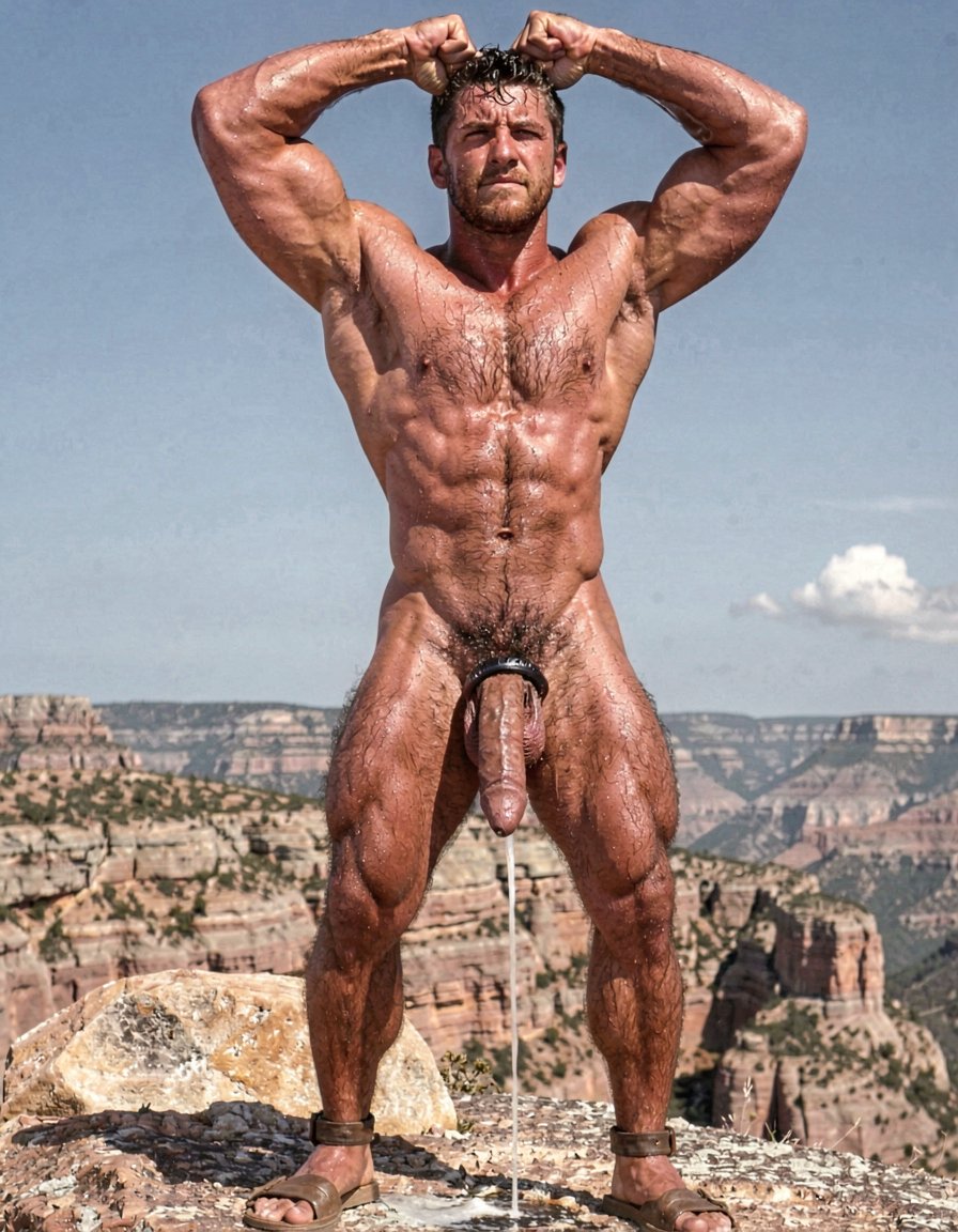 A hyper-masculine ancient Zapotec warrior named Cocijo, 26 years old, standing perfectly still under the brutal midday sun on the rocky summit of Cerro La Cantera in San Pablo Huitzo, Oaxaca, 600 AD. Completely naked except for worn leather strip sandals. Square jaw clenched, thick veiny neck, bronze skin drenched in sweat. Extremely powerful and fully flexed physique: massive square pectorals tensed to the maximum, thick dark wet chest hair matted against the hard muscle, large erect nipples. Deeply carved eight-pack abs glistening with sweat, thick black treasure trail running down to a dense dark pubic bush. Enormous arms raised and flexed hard overhead, biceps bulging like cannonballs with thick veins, triceps perfectly defined and tensed like horseshoes. Thick hairy thighs locked in full tension. His massive 35cm cock is rock-hard and throbbing violently, held tightly at the very base by Gayon Von Neumann’s strong hand, the swollen head continuously leaking thick white precum that runs down the shaft and over the fingers. A thick black leather cock ring is locked brutally tight at the root, behind his heavy balls, making the entire package look painfully swollen, darker and pulsing non-stop. Cocijo stares straight up with total obedience, every muscle in his body still tensed and displayed for inspection. Raw, dominant, extremely virile ancient masculine atmosphere, dramatic sunlight casting strong shadows on every ridge of muscle, hyper-realistic and extremely detailed.