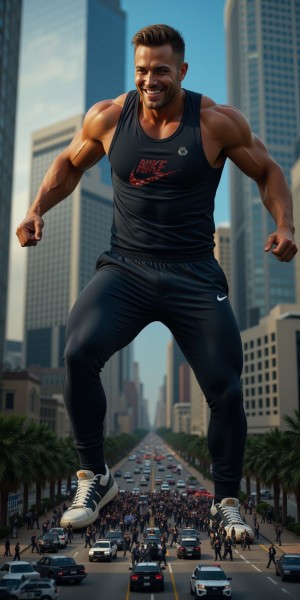 Hiper-realista render, hombre gigante musculoso de 20 años, físico imponente y atlético, vestido con chandal deportivo ajustado y zapatillas Nike de alta calidad, sonriendo con confianza y satisfacción, aplastando a un grupo de hombres diminutos que miden 1cm, policías uniformados con rostros de miedo y desesperación, con sus vehículos y equipo de policía también miniaturizados, en un entorno urbano con edificios y coches a escala normal, iluminación dramática y sombras profundas, texturas detalladas y realistas, foco en la escena de aplastamiento con los policías diminutos intentando escapar, expresiones faciales detalladas y emotivas, ambiente de poder y dominación, renderizado de alta calidad con luces y sombras realistas.