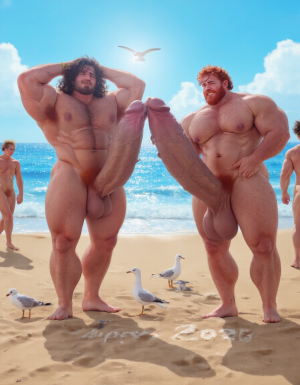Día de Año Nuevo 2026. Dos hombres llamados Juan y Pedro, tienen los pies descalzados pero están totalmente desnudos. 

Juan es un hombre de 50 años de edad, muy atlético y tiene sus músculos muy definidos y es muy peludo, está totalmente desnudo, tiene un pene largo erecto de 36cm de longitud y 9cm de diámetro, tiene cabello negro largo ondulado y desordenado, tiene mucho vello pectoral, tiene piernas masculinas con abundante vello, tiene brazos peludos,  su cara tiene forma cuadrada tiene mentón prominente con hoyuelo muy pronunciado y muy masculino, su barba está bien afeitada y su cara está muy limpia resaltando sus facciones masculinas. 

Pedro es un hombre de 58 años de edad con músculos marcados sin grasa, está totalmente desnudo, tiene un pene largo de 39 cm de longitud y 9 cm de diámetro, tiene cabello pelirrojo rizado abundante y largo de color rojo, tiene abundante vello pelirrojo pectoral de color rojo oscuro en abundancia, tiene piernas masculinas con mucho vello, tiene brazos peludos y muy masculinos. Pedro tiene presencia atlética y es muy peludo, mucho pelo por todo su cuerpo. 

Pedro está con el esfínter del culo abierto. Juan mete su pene por el esfínter del culo de Pedro ((Imagen de alta definición, imagen calidad 4K, UHD)). Dentro del culo de Pedro está a medio meter el pene de Juan. ((Juan tiene su pene dentro del culo de Pedro)). Sexo anal duro y apasionado. Pedro está con el esfínter del culo abierto. Juan mete su pene por el esfínter del culo de Pedro ((Imagen de alta definición, imagen calidad 4K, UHD)). Dentro del culo de Pedro está a medio meter el pene de Juan. Juan tiene su pene dentro del culo de Pedro. Sexo anal duro y apasionado. ((Penetración)) penes erectos. 

Pedro y Juan enseñan sus músculos muy marcados y bien definidos, están de pie en la arena de la playa con olas azules y con el Sol reflejándose sobre el agua del mar mientras vuelan dos gaviotas. En la arena de la playa está trazado el texto: 
