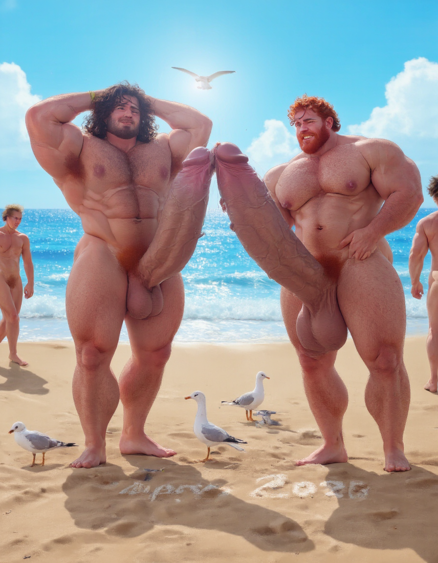 Día de Año Nuevo 2026. Dos hombres llamados Juan y Pedro, tienen los pies descalzados pero están totalmente desnudos. 

Juan es un hombre de 50 años de edad, muy atlético y tiene sus músculos muy definidos y es muy peludo, está totalmente desnudo, tiene un pene largo erecto de 36cm de longitud y 9cm de diámetro, tiene cabello negro largo ondulado y desordenado, tiene mucho vello pectoral, tiene piernas masculinas con abundante vello, tiene brazos peludos,  su cara tiene forma cuadrada tiene mentón prominente con hoyuelo muy pronunciado y muy masculino, su barba está bien afeitada y su cara está muy limpia resaltando sus facciones masculinas. 

Pedro es un hombre de 58 años de edad con músculos marcados sin grasa, está totalmente desnudo, tiene un pene largo de 39 cm de longitud y 9 cm de diámetro, tiene cabello pelirrojo rizado abundante y largo de color rojo, tiene abundante vello pelirrojo pectoral de color rojo oscuro en abundancia, tiene piernas masculinas con mucho vello, tiene brazos peludos y muy masculinos. Pedro tiene presencia atlética y es muy peludo, mucho pelo por todo su cuerpo. 

Pedro está con el esfínter del culo abierto. Juan mete su pene por el esfínter del culo de Pedro ((Imagen de alta definición, imagen calidad 4K, UHD)). Dentro del culo de Pedro está a medio meter el pene de Juan. ((Juan tiene su pene dentro del culo de Pedro)). Sexo anal duro y apasionado. Pedro está con el esfínter del culo abierto. Juan mete su pene por el esfínter del culo de Pedro ((Imagen de alta definición, imagen calidad 4K, UHD)). Dentro del culo de Pedro está a medio meter el pene de Juan. Juan tiene su pene dentro del culo de Pedro. Sexo anal duro y apasionado. ((Penetración)) penes erectos. 

Pedro y Juan enseñan sus músculos muy marcados y bien definidos, están de pie en la arena de la playa con olas azules y con el Sol reflejándose sobre el agua del mar mientras vuelan dos gaviotas. En la arena de la playa está trazado el texto: 