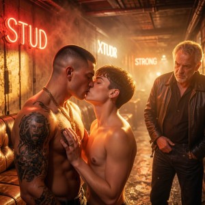 Two shirtless men kiss in an industrial setting of warm light and smoke, with a sensual, cinematic underground club aesthetic. The man on the left, muscular, with a shaved head, a chain around his neck, and a large tattoo on his arm and shoulder, tilts his face toward a young man with short hair who rests a hand on his bare chest as they draw close with intimacy. In the background, an older man in a leather jacket watches the scene with a serious expression, his hands near his pockets. The worn walls, the leather sofa, the ceiling pipes, and the neon signs with words like “STUD,” “XTOUR,” and “STRONG” reinforce a masculine, urban atmosphere charged with desire.