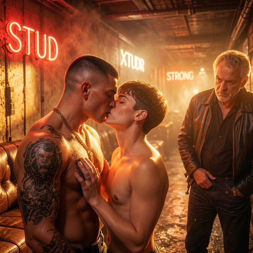 Dos hombres sin camiseta se besan en un ambiente industrial de luz cálida y humo, con una estética sensual y cinematográfica de club clandestino. El hombre de la izquierda, musculoso, con el pelo rapado, cadena al cuello y un gran tatuaje en el brazo y hombro, inclina el rostro hacia un joven de pelo corto que apoya una mano en su pecho desnudo mientras se acercan con intimidad. Al fondo, un hombre mayor con chaqueta de cuero observa la escena con gesto serio, las manos cerca de los bolsillos. Las paredes desgastadas, el sofá de cuero, las tuberías del techo y los letreros de neón con palabras como “STUD”, “XTOUR” y “STRONG” refuerzan una atmósfera masculina, urbana y cargada de deseo.