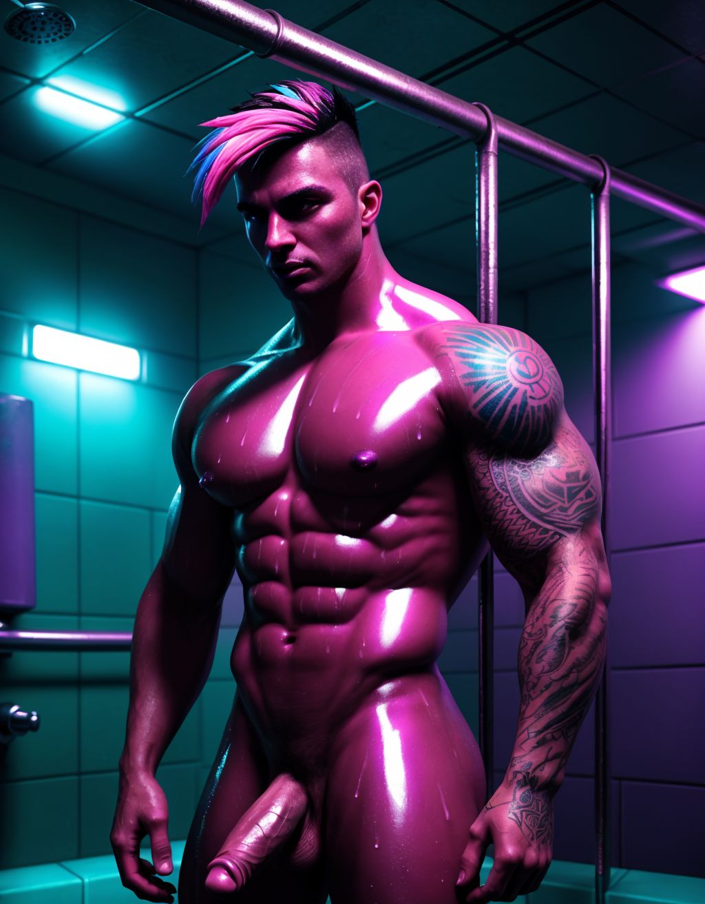 Tres hombres musculosos y desnudos en la ducha de la cárcel, agua fría cayendo, cuerpos sudorosos, penes visibles, tatuajes coloridos, miradas intensas, barrotes de metal al fondo, luz débil, sombras oscuras, gotas de agua resbalando, estilo pop art vibrante, hiperrealista.