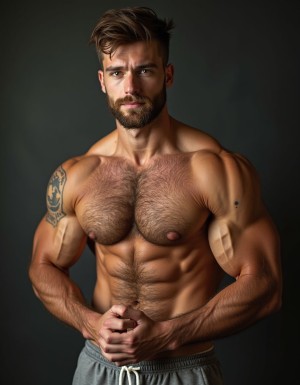 Hombre culturista muy velludo desnudo 