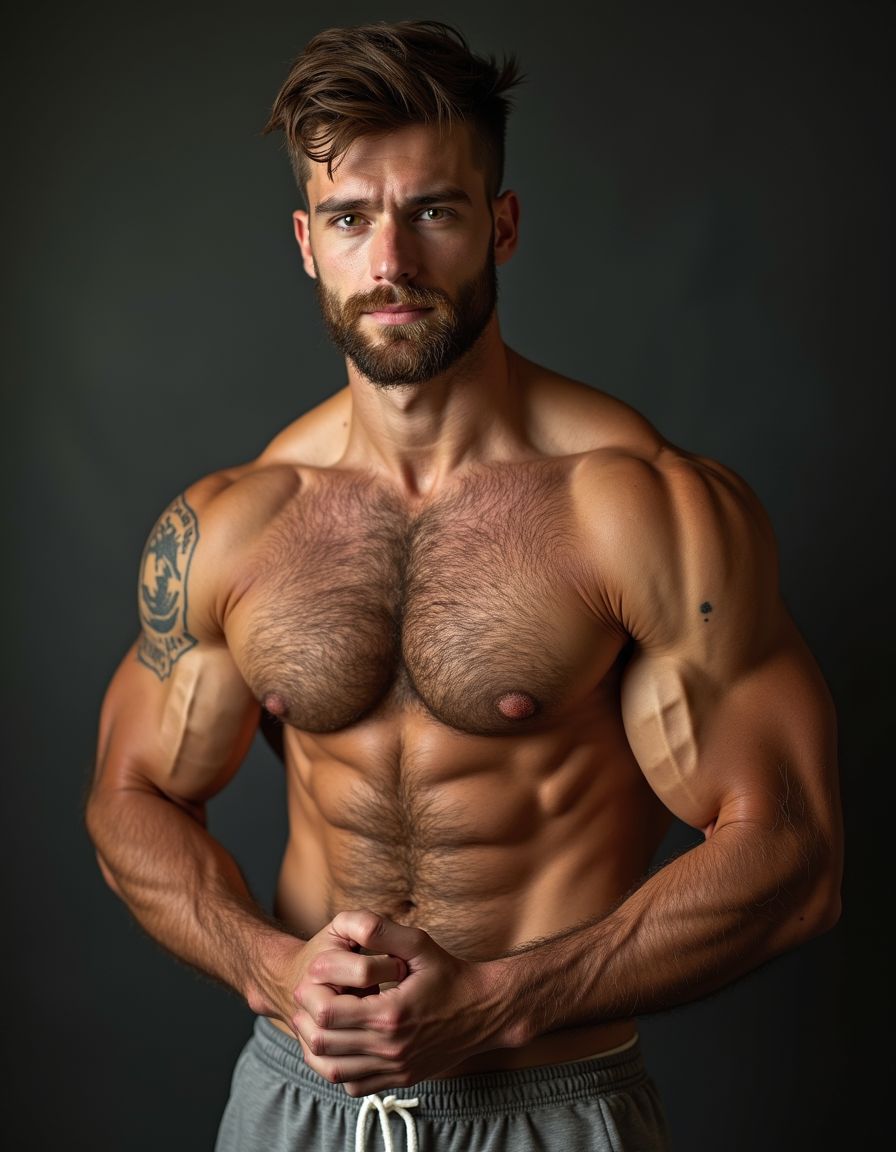 Hombre culturista muy velludo desnudo 