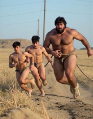 Dos chicos jóvenes de 24 años, ambos completamente desnudos, con cuerpos delgados y atléticos, corren desesperadamente por un campo abierto y solitario. Sus cuerpos bien definidos y tonificados se mueven con rapidez, mientras que sus rostros reflejan una mezcla de miedo y determinación. Cada uno de ellos lleva un gran collar de metal alrededor del cuello, lo que añade un toque de crudeza y dominio a la escena.

Detrás de ellos, un hombre gigantesco y musculoso, completamente desnudo, les persigue con una cuerda en la mano, lista para ser lanzada y atrapar a sus presas. Este hombre es de una estatura impresionante, con brazos y piernas enormes y definidos, cubiertos de un denso vello que subraya su fuerza bruta. Su pelo y barba largas y despeinadas dan un toque feroz a su apariencia, mientras que sus ojos parecen arder con una intensa pasión de caza.

La escena está llena de tensión y vicio, con los dos chicos jóvenes luchando por escapar de su perseguidor, mientras que el hombre gigante parece disfrutar del juego del gato y el ratón. El campo solitario y abierto proporciona un telón de fondo desolado y sin esperanza, lo que aumenta el sentido de desesperación y miedo que se siente en el aire. La imagen es hiperrealista, con detalles precisos y una atención al realismo que hace que la escena sea aún más impactante y visceral.