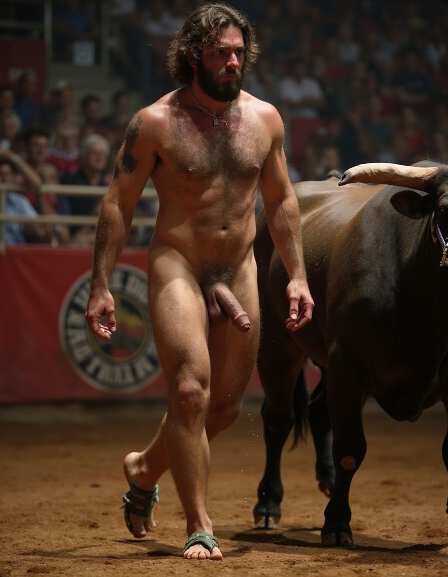 Hombre musculoso y velludo, torero español de 50 años, con un torso musculoso, tiene un pene hermoso perfecto y de tamaño XXL, tiene mucho vello púbico denso y moreno, piel bronceada y sudorosa. Tiene una barba incipiente, mientras su cabello largo castaño oscuro está despeinado y sudoroso, con gotas de sudor que resbalan por su frente y mejillas. Su torso es muy musculoso marcado definido y sus abdominales y pectorales están muy marcados y definidos, tiene un vello corporal muy denso que se extiende desde su pecho hasta sus piernas y hasta sus brazos y espalda.
Tiene un pene muy grueso con forma perfecta es el centro de atención y está rodeado de un denso vello púbico castaño oscuro. Tiene dos testículos grandes y perfectamente formados que cuelgan por debajo. Tiene piel bronceada con brillo de sudor y sus músculos están en forma y bien definidos con aspecto delgado pero sobresalen sus pectorales muy marcados sin nada de grasa.

La escena está en una plaza de toros en un ambiente sensual con sombras que resaltan la musculatura y el vello corporal del hombre.
Tiene sandalias en sus pies. Su pene está erecto y enseña un gran prepucio y un grande glande. A su lado hay un toro. Está andando al lado del toro 