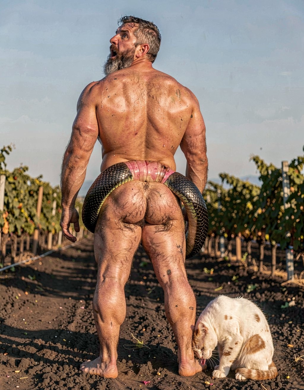 A raw, extremely photorealistic full-body vertical photograph taken on location with Canon EOS R5, 85mm f/1.4 lens at f/2, natural golden-hour Mediterranean sunlight hitting the scene in an Assyrtiko vineyard on Santorini. Dimitris, 35-year-old powerfully built Greek man with completely authentic mature muscle, real skin imperfections, visible pores and natural body hair, stands totally naked with his bare feet planted wide on dark volcanic soil. Shot from a low three-quarter rear angle that perfectly frames his massive muscular back, thick rounded shoulders, narrow waist and round, densely hairy glutes. His head is turned over his left shoulder, thick black beard with natural silver strands visible in profile, mouth slack and genuinely open in shock, eyes wide and unfocused as he stares straight up at the sky with a raw, unfiltered expression of surprise, discomfort and intense bodily sensation. A large, completely realistic python with glossy black scales and subtle emerald reflections has forced its broad head and a thick muscular section of its body deep into his hairy anus. The sphincter is stretched to its absolute physical limit around the snake’s thick torso, pink inner rim visibly gripping with authentic redness, natural swelling, visible tension, every tiny wrinkle, dark anal hair and involuntary muscular spasm captured with clinical, documentary clarity. Thick beads of real sweat trickle down his crack, mixing with natural lubrication as the snake slowly and powerfully pushes further inside with visible contractions. At his feet, a real white domestic cat with slightly dirty soft fur sits calmly on the volcanic earth and licks the toes and sole of Dimitris’ right foot with slow, wet, deliberate strokes of its small pink tongue, leaving visible saliva trails on the skin and between the toes. True sunlight creates authentic specular highlights on wet skin, glossy scales, the stretched anal tissue, individual body hairs, sweat droplets and the cat’s fur, with deep natural shadows and shallow depth of field that keeps razor-sharp focus on the penetration, the stretched hole and the cat’s tongue while softly blurring the distant vines. Obsessive photographic realism: visible skin pores, real skin texture and imperfections, individual hairs, natural muscle striations, realistic scale patterns, authentic physical reaction of the stretched anus, wet saliva, dust particles on the cat’s paws and fur, pure unembellished documentary precision as if taken by a professional photographer standing right there on location, zero artistic stylization whatsoever.