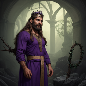 Hombre barbudo de pelo largo, mirada serena, con corona de espinas, túnica morada, piel bronceada, musculoso, standing en un entorno misterioso.