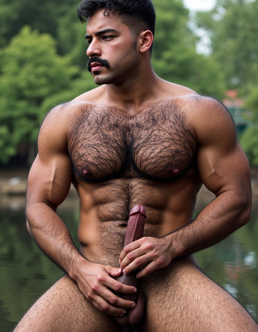 PEDRO es un hombre muy macho, delgado pero con músculos muy marcados y definidos, está de pie. Tiene su polla erecta. PEDRO tiene una polla de treinta y cinco centímetros de longitud. Pedro tiene rasgos mediterráneos, que se presenta de cuerpo entero desde la coronilla de la cabeza hasta las plantas callosas de los pies desnudos, destacando su polla erecta de treinta y cinco centímetros de longitud. Su cara geométrica masculina brutal, con pómulos altos, mandíbula cuadrada y barbilla prominente, muestra una estructura ósea típica de un hombre mediterráneo. Sus ojos oscuros, de color marrón profundo, están ligeramente hundidos bajo un arco supraciliar marcado, lo que le da una imagen de depredador peligroso. El bigote denso y espeso de pelo negro azabache cubre todo el labio superior, y su pelo negro intenso y rizado cae en ondas gruesas y desordenadas hacia los lados y hacia atrás.

PEDRO tiene un pecho expansivo con clavículas marcadas y separadas, y una selva de vello que cubre desde la parte superior de los pectorales hasta el abdomen sin interrupción. Sus pectorales son carnosos y están cortados con definición extrema, y la parte inferior de cada pectoral crea una sombra curva sobre las costillas. Los pezones son oscuros, de color marrón rojizo, y están ligeramente orientados hacia abajo y hacia los lados.

PEDRO también tiene abdominales six-pack muy marcados, con un abdomen plano y firme, y una musculatura subyacente visible pero cubierta por la capa de vello que baja desde el pecho sin interrupción. Sus brazos musculosos están marcados y definidos, con deltoides redondos y prominentes, y bíceps y tríceps bien desarrollados. Las manos de PEDRO son de trabajador, con dedos y nudillos prominentes, y uñas cortas y cuadradas.

Las piernas de PEDRO son voluminosas y densas, con cuádriceps y muslos marcados y definidos, y una capa generosa de vello negro rizado que cubre la piel morena. Los pies de PEDRO son proporcionados a la estructura de su cuerpo, con uñas cortas y algo amarillentas, y pelo oscuro en el empeine y en los dedos.

La polla de PEDRO es de treinta y cinco centímetros de longitud, con un diámetro de ocho centímetros, y está dura y curvada hacia arriba. El prepucio cubre parcialmente el glande, que es de cabeza roma y rojiza, y el meato uretral es una ranura vertical que gotea por excitación sexual. (No deformaciones, NO distorsión) Los huevos de PEDRO cuelgan mucho, con un escroto oscuro y arrugado, cubierto por vello rizado y disperso, y son perfectamente simétricos, con un diámetro de cinco centímetros cada uno.

La imagen de PEDRO se presenta en un fondo natural, con un paisaje sereno y tranquilo, y se muestra en ultra alta definición 8K, lo que permite apreciar todos los detalles de su cuerpo. La mano derecha de PEDRO rodea su pene, masturbación. NO DISTORSIÓN NO DEFORMACIÓN: polla con forma perfecta.