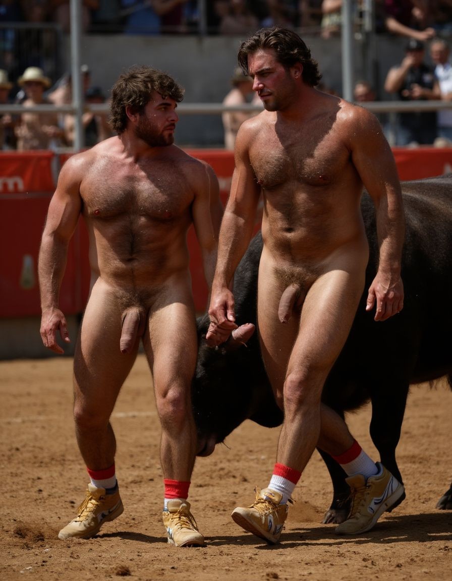 Un torero español musculoso y velludo de 50 años, con torso atlético y marcado, se muestra completamente desnudo, destacando su pene de 30 cm de longitud y 5 cm de grosor, perfectamente formado y rodeado de un denso vello púbico castaño oscuro. Sus testículos, perfectamente formados, cuelgan de forma prominente. La piel bronceada y sudorosa resalta su musculatura definida, con pectorales y abdominales bien marcados y sin grasa. El cabello largo y castaño oscuro está despeinado y sudoroso, con gotas de sudor resbalando por su frente y mejillas. Una barba incipiente y un vello corporal denso que se extiende por su pecho, piernas y brazos completan su apariencia viril. Lleva zapatillas doradas en sus pies.

A su lado, un hombre musculoso y velludo de 30 años, completamente desnudo, muestra un pene de 30 cm de longitud y 4 cm de grosor, hermoso y perfecto, rodeado de un denso vello púbico pelirrojo. Su piel bronceada y sudorosa muestra una musculatura definida, con pectorales y abdominales muy marcados. Tiene cabello pelirrojo despeinado y sudoroso. Tiene una barba pelirroja densa pero bien recortada. El vello corporal pelirrojo denso cubre su pecho, y tiene mucho vello pelirrojo en sus piernas y brazos, lo que realza su apariencia masculina y atlética. Están andando en la plaza de toros con un toro salvaje.

Ambos hombres se encuentran en una plaza de toros, con sombras que resaltan su musculatura y vello corporal, creando un ambiente sensual y cargado de tensión. Están en pleno acto de pasión, con sus penes erectos y testículos prominentes ,destacando su musculatura, vello corporal y atributos viriles en una imagen impactante y llena de energía. La escena está llena de sensualidad y poder, con los dos hombres como protagonistas, en un ambiente cargado de pasión y erotismo. La imagen es híper realista, con detalles de alta calidad, y muestra la unión de los dos hombres en un acto de pasión y dominio, con sus cuerpos musculosos y velludos completamente desnudos y visibles, mostrando su excitación y pasión en cada detalle. Tienen sus penes erectos. Están totalmente desnudos. Tiene un pene de 30 cm de longitud y 5 cm de diámetro.