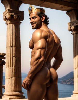 Hombre griego desnudo, sonriente, corona de oro y diamantes Tiene un pene perfecto y grande. Tiene testículos perfectos y peludos y son visibles. Está inclinado, enseñando ano. Está mirando hacia atrás con ojos brillantes. Está entre columnas y estatuas antiguas, sol de tarde. Tiene la piel bronceada, músculos definidos, sensual, apasionado y erótico, con un toque de luz dorada resaltando su anatomía. Tiene testículos grandes perfectos redondos y muy bonitos. Tiene cuerpo perfecto. Está de espalda y enseña su ano perfecto. Enseña su testículos grandes y redondos llenos de vello. Está inclinado para enseñar el ano abierto y sus testículos redondos y peludos.