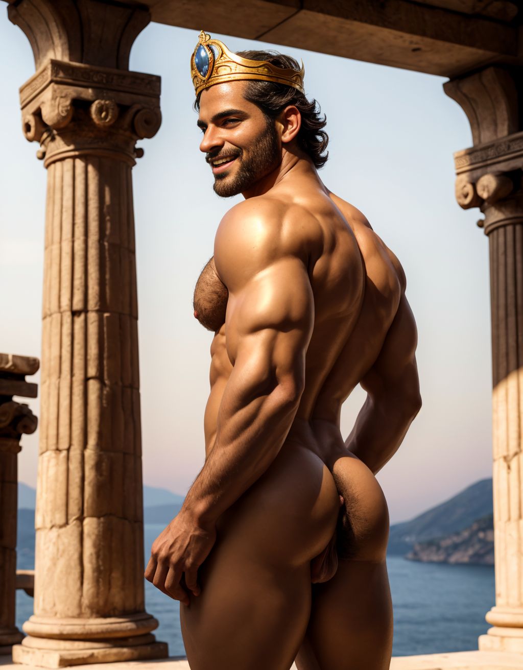 Hombre griego desnudo, sonriente, corona de oro y diamantes Tiene un pene perfecto y grande. Tiene testículos perfectos y peludos y son visibles. Está inclinado, enseñando ano. Está mirando hacia atrás con ojos brillantes. Está entre columnas y estatuas antiguas, sol de tarde. Tiene la piel bronceada, músculos definidos, sensual, apasionado y erótico, con un toque de luz dorada resaltando su anatomía. Tiene testículos grandes perfectos redondos y muy bonitos. Tiene cuerpo perfecto. Está de espalda y enseña su ano perfecto. Enseña su testículos grandes y redondos llenos de vello. Está inclinado para enseñar el ano abierto y sus testículos redondos y peludos.