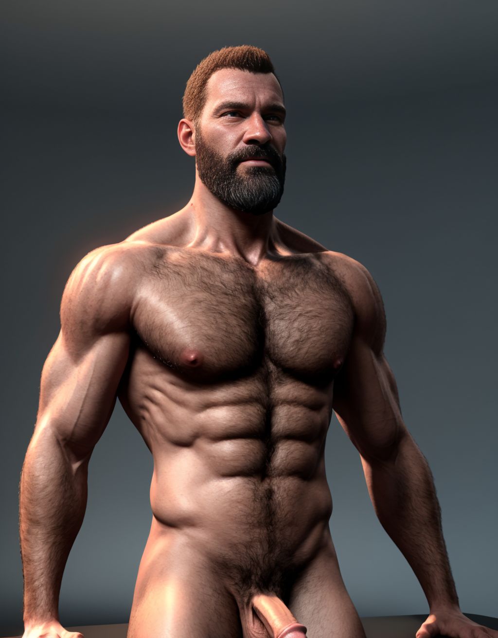 Hombre de 25 años moreno totalmente desnudo. Tiene pene grande perfecto. Tiene testículos grandes con mucho vello. Tiene mucho vello en el pecho. Tiene mucho vello en los brazos. Tienes la cara delgada dura y con barba. Es muy delgado. Está muy delgado. Tiene la boca abierta.