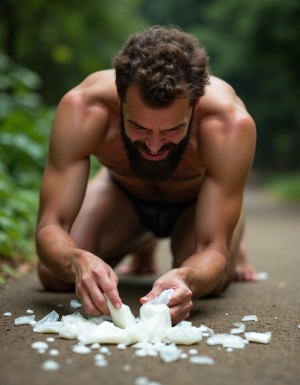 Guarreo. Hombre barbudo desnudo a cuatro patas en el suelo de un parque, recoge preservativos llenos de semen de una zona del aparcamiento donde por la noche paran las parejas hetero para follar, él los vacía y mete todo el semen en bolsas de plástico muy pequeñas con intención de disfrutar del néctar. 
