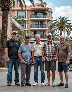 cinco chicos de sesenta años uno con gorra de estimador otro con gorra de béisbol y otros tres más junto al gran hotel bali de benidorm