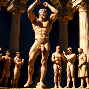 Cneo Pompeyo Magno desnudo con pene grande y testículos enormes, conquista las Galias en el año 49 a.C, para ser el único cónsul del ejercito. Está con  hombre Catón y con hombre Cicerón desnudos, se acercan a Cneo Pompeyo Magno para estar al frente de las legiones del Senado para repeler el asalto de César. 🗝️ 🗡️  👏🏼. Está andando rodeado de hombres desnudos musculosos que aplauden efusivamente y están saltando de alegría. 👨🏻‍🎤🧑🏻‍🎤👨🏻‍🎤