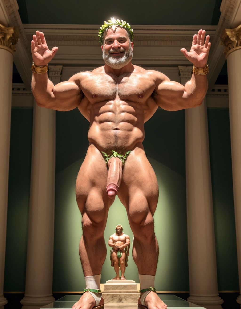 El dios Priapo de Pompeya está desnudo. Priapo es el dios de la fertilidad de la mitología romana. Está en el museo de Nápoles. Tiene un pene muy grande y erecto. Tiene mucho vello por todo el cuerpo. Tiene sandalias en los pies. Tiene músculos muy definidos. Tiene una corona de laurel. Está sonriendo. Levanta una mano para saludar al público. El cuerpo está iluminado con focos de luz blanca. Tiene los ojos verdes. Lleva calcetines en los pies. 