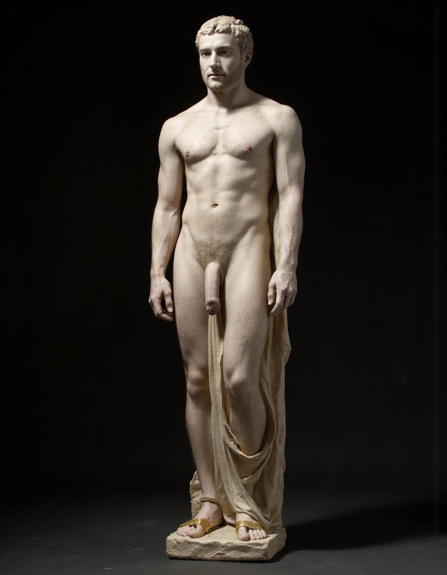 Akhenatón (originalmente llamado Amenhotep IV) fue un faraón egipcio que gobernó durante la Dinastía XVIII (Imperio Nuevo), aproximadamente entre 1353 a.C. y 1336 a.C. Es un hombre faraón de los más fascinantes y revolucionarios de la historia egipcia debido a su radical reforma religiosa. Está totalmente desnudo y en sus pies lleva sandalias de lujo de oro. Tiene pene erecto de 20 cm de longitud y 8 cm de diámetro. Toda la gente le admira por su vello y grandioso pene en constante estado erección de 20 cm de longitud y 8 cm de diámetro