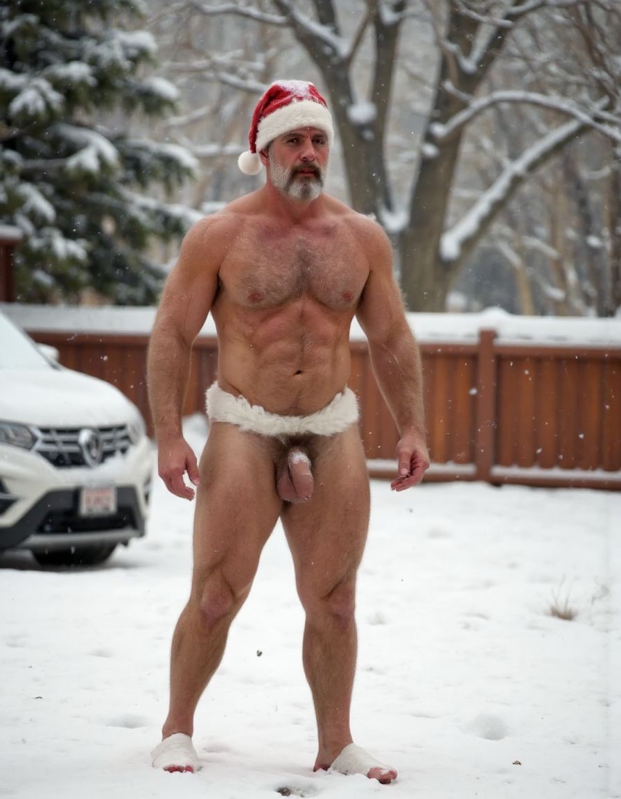 La Navidad. Papá Noel es un hombre de 35 años, atleta, delgado con músculos muy marcados y definidos, está delgado y es muy varonil, tiene barba blanca abundante. Solo tiene el gorro de papá Noel, está totalmente desnudo enseñando su musculatura de atleta y está bronceado, está entre nieve pero no frío, tiene abundante vello blanco que cubre sus músculos pectorales el abdomen y cubre sus piernas. Tiene sandalias blancas en sus pies. Barba abundante blanca de papá Noel. Es el Papá Noel del año 2025, con mucha alegría y mucho sexo gay. Aspecto muy masculino, salvaje. Tiene un pene erecto de 20cm de longitud y 8cm de diámetro. 