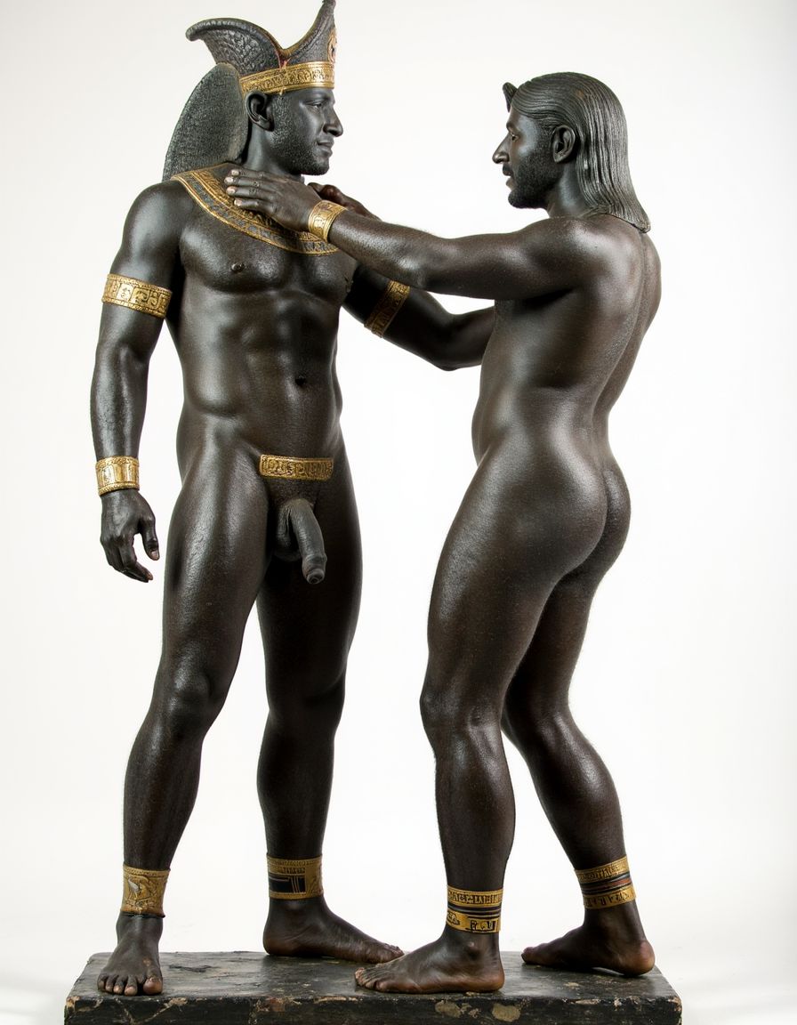 Akhenatón (originalmente llamado Amenhotep IV) fue un faraón egipcio que gobernó durante la Dinastía XVIII (Imperio Nuevo), aproximadamente entre 1353 a.C. y 1336 a.C. Es un hombre faraón de los más fascinantes y revolucionarios de la historia egipcia debido a su radical reforma religiosa. Está totalmente desnudo y en sus pies lleva sandalias de lujo de oro. Tiene un pene erecto de 20 cm de longitud y 8 cm de diámetro. Es admirado por su bello cuerpo de atleta. Tiene grandioso pene de 22 cm de longitud y 9 cm de diámetro y lo tiene en erección. Tiene el pene erecto. Aspecto muy masculino. A su lado hay otro hombre que lo ama, está detrás de él con la mano derecha en su pene, cogiendo el pene con pasión, su pene se lo mete en el ano, meneando la polla y acariciando su culo con amor ❤️ . Tienen todos los músculos en tensión, es una imagen muy masculina y viril.