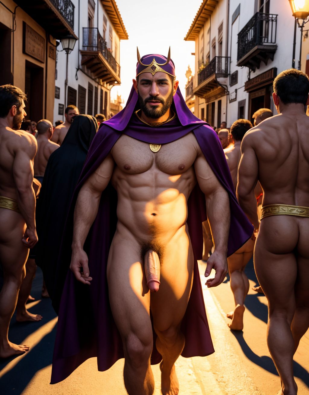Un hombre desnudo es Nazareno de Semana Santa por las calles de Sevilla. Tiene pene muy grande y perfecto. Iluminado con luz cálida del sol de atardecer. Le persiguen dos hombres con túnica de nazareno con los penes erectos y descubiertos
