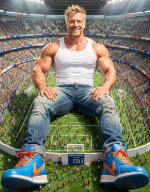 A gigantic male, 19 years old, with a muscular build and chiseled features, sits comfortably on a miniature football stadium, overflowing with a sea of tiny people, all cheering and waving their arms in excitement. The giant man's enormous sneakers, a vibrant shade of electric blue with bright orange laces, are prominently visible, taking up a significant portion of the stadium's surface, with the tiny spectators scurrying around them. His gigantic legs, clad in distressed denim jeans, stretch out before him, with his massive feet, clad in the oversized sneakers, resting flat on the stadium's ground. The giant man's torso, dressed in a tight-fitting white tank top, towers above the stadium, his bulging biceps and broad shoulders evident as he lounges with an air of nonchalance. His short, spiky hair is a messy blond, and his bright blue eyes gleam with amusement as he surveys the tiny crowd below. The miniature stadium, complete with tiny goalposts, bleachers, and a scoreboard, looks like a toy compared to the gigantic man, who seems utterly at ease in his enormous size. Hyper-realistic photo with high-quality details.