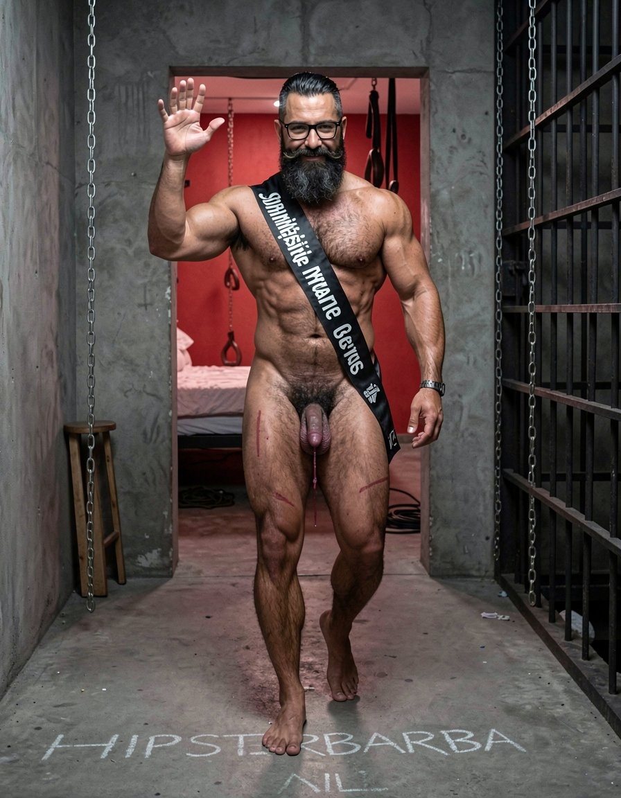 Hyperrealistic cinematic photograph inside a dark brutal dungeon corridor with rough concrete floor, hanging metal chains along the walls, dim red ambient lighting mixed with dramatic side spotlights creating hard contrasts, deep shadows and visible sweat on every muscle. Three men walking forward in a straight line toward the viewer, full body view, heading to an open doorway at the end of the corridor that reveals a red-lit room with visible bondage bed, whipping bench, hanging pulleys and a large metal cage in the corner.

Hipsterbarba walks dominant in the exact center, completely naked, 40 years old, 180cm 80kg 8% body fat, powerful muscle-bear physique covered in dense dark wet body hair on thick chest, shoulders, defined abs and heavy thighs. Very long thick Bandholz beard reaching almost to his chest, curled handlebar mustache, black glasses, hands on his waist at the start of the stride, powerful confident gait, thick heavy cock and low hanging balls swinging with each step, cold superior expression looking straight ahead.

To his right (left side of the image) walks Anil, 25 years old, extreme bodybuilder slave, completely naked, 175cm 80kg 6% body fat, massive 127cm pumped chest, perfect eight-pack, extremely wide V-taper back with fresh red whip marks, round high 90cm glutes and 70cm competition quads, completely smooth tanned skin from the neck down. Thick cock strangled at the base by a shiny metal cock ring making it purple and swollen, long strings of precum dripping from the tip with every step. Head slightly lowered in submission, arms still slightly pumped from previous flex, serious devoted expression, anus slightly open with a thin trail of semen and precum running down the inside of his left thigh.

To his left (right side of the image) walks Víctor, 25 years old, extreme bodybuilder, completely naked, 175cm 80kg 6% body fat, massive 127cm pumped chest, perfect eight-pack, wide V-taper, round high glutes and 70cm competition quads, completely smooth tanned skin. A thick black textile victory sash tightly crossed over his torso from right shoulder to left hip with large perfectly legible white capital letters in Spanish reading exactly “Esclavo de Gayon”. He walks with a slight happy smile, right hand raised in a cheerful wave, thick erect cock bouncing hard with each step, heavy balls swinging.

On the concrete floor beneath them, faint white chalk letters still visible from earlier: “HIPSTERBARBA” under the center man, “ANIL” under the man on the left side of the image, and “VÍCTOR” under the man on the right side of the image.

Raw atmosphere of total ownership and humiliation, perfect anatomy and proportions, realistic skin texture, sweat, muscle striations, visible precum trails and sharp text details. No distortions.
