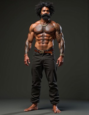 PEDRO de cuerpo entero 8K de hombre mediterráneo muy masculino y muy delgado pero musculoso está de pie, textura de piel natural híper realista, cara geométrica brutal con mandíbula cuadrada pesada, pómulos altos anchos, barbilla prominente con hoyuelo, ojos oscuros marrones profundos hundidos con cejas gruesas densas, nariz grande puente ancho recto forma griega, bigote morsa negro denso espeso cayendo en extremos cubriendo labio superior completamente, pelo negro rizado voluminoso desordenado, cuello grueso de toro con nuez prominente, pecho ancho cubierto vello negro rizado denso, pectorales voluminosos definidos con surco central profundo, cadena dorada colgando en surco pectoral, pezones oscuros marrón rojizo areolas anchas, abdominales six-pack marcados, vello corporal abundante formando trail oscuro vertical desde pecho hasta entrepierna, brazos musculosos gruesos con venas marcadas deltoides prominentes bíceps grandes tríceps herradura cubiertos vello negro, manos grandes dedos gruesos nudillos prominentes pelo dorso manos, piernas musculosas cuádriceps voluminosos muslos gruesos cubiertos vello negro denso rodillas huesudas pantorrillas gemelos forma diamante, pies grandes anchos pelo empeine, polla erecta treinta centímetros gruesa ocho centímetros diámetro color marrón oscuro curvada arriba venas dorsales marcadas prepucio largo glande ancho rojizo apuntando hacia arriba, huevos grandes colgando bajos escroto oscuro arrugado tamaño huevos gallina XL, piel aceitunada bronceada mediterránea, iluminación natural realista, fotorrealista, hiperdetallado, desnudo completo. Los pies están desnudos. Polla erecta dura hacia arriba