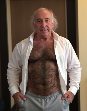 Un anciano de 65 años con calvicie en la parte superior de la cabeza, pero con mechones grises largos y despeinados cayendo por los lados y la nuca, le da un aspecto desaliñado. Su rostro es fofo y redondeado, con una papada colgante y prominentes arrugas alrededor de los ojos y la boca, lo que refleja una vida de excesos. Lleva una camisa blanca ajustada y abierta que se le pega a la barriga cervecera, que le cuelga de manera visible sobre el pantalón de chándal gris, dándole un aire de descuido y falta de preocupación por su apariencia. Los pelos blancos del pecho se le escapan por el cuello de la camisa, añadiendo un toque de descuido a su imagen. La textura de la camisa y el pantalón de chándal es suave y cómoda, lo que sugiere que el anciano valora la comodidad por encima de la apariencia. La iluminación es suave y cálida, resaltando los detalles de su rostro y su figura, y creando un ambiente íntimo y familiar. El estilo de la imagen es hiperrealista, con detalles precisos y una gran atención al realismo, lo que permite apreciar cada arruga y cada pelo del anciano.