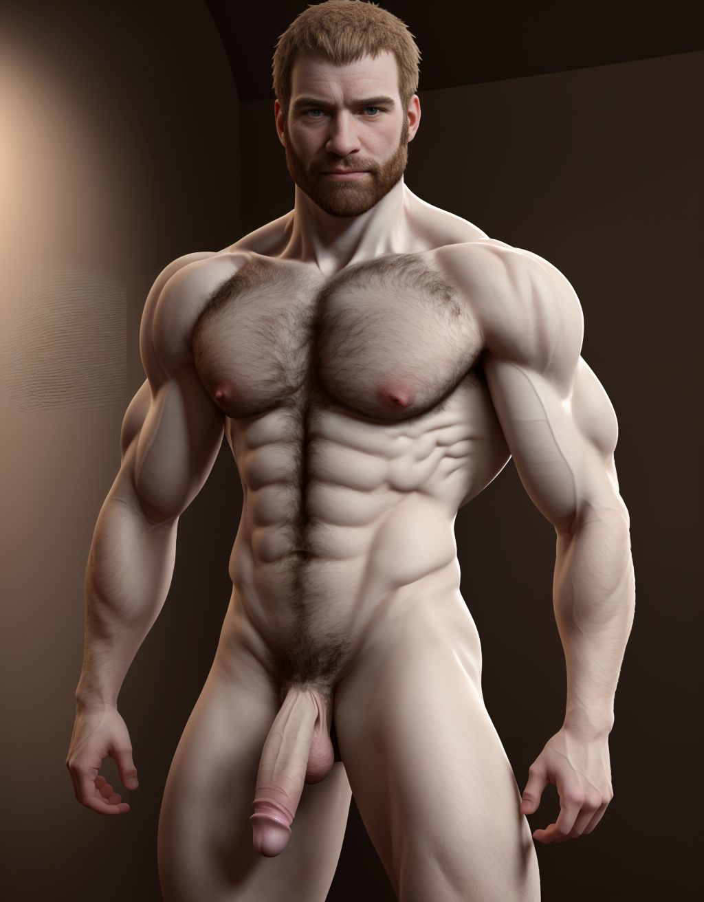Hombre desnudo, musculoso y velludo, pene erecto, piel pálida, vello corporal prominente, mirada confiada, fondo neutro, iluminación suave, anatomía masculina detallada, texturas realistas 8k, musculatura definida, sombras profundas, detalles precisos, desde pies a cabeza, realismo extremo.