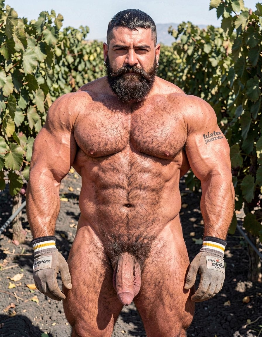 A powerful full-body frontal photograph of Dimitris, 32 years old, captured from the very top of his head all the way down to the tips of his toes with absolutely nothing cropped out. He stands completely naked except for his thick grey work gloves with yellow and white stripes, positioned in the middle of a lush green Assyrtiko vineyard on the volcanic black soil of Santorini under bright Mediterranean sunlight. He has a high-and-tight fade haircut with short, dense, jet-black slightly wavy hair on top, an extremely thick long well-groomed black beard that covers almost his entire jaw and part of his neck, seamlessly connected to a full mustache giving him a savage yet controlled look. Thick dark eyebrows, heavy-lidded predatory eyes looking straight at the viewer with a serious expression, strong straight nose, sharply marked cheekbones and a square jaw hidden under all that hair. A small silver hoop earring in his left ear. His neck is short, thick and full of visible veins and tendons. Shoulders are massive and rounded with hugely swollen deltoides and traps that climb almost to the base of his skull. His pectorals are enormous, meaty and slightly heavy with natural drop, separated by a deep hairy cleavage; small dark nipples slightly erect. The entire chest is covered by a dense mat of black curly hair that thickens in the center and spreads to the shoulders and abdomen. His abs are sharply defined eight-pack, realistic but competition-ready, completely covered by a thick continuous layer of black hair that flows uninterrupted from the chest, swirls around the navel and becomes denser lower down, with a deep dark linea alba. Obliques are highly developed forming a sharp V that points directly to his crotch. On his right biceps there is a small anatomically fitted tattoo with the word “hipsterbarba” in elegant small letters. Arms are thick and veiny with big short-headed biceps that swell even at rest, horseshoe triceps, and forearms thick, venous and covered in dark hair almost to the wrists. Hands are strong with short thick fingers and wide palms, wearing heavy work gloves. His waist is narrow creating a dramatic V-taper against his wide shoulders, hips are powerful with marked iliac bones. His cock is thick, long and heavy, hanging down with prominent veins and a slight downward curve; the foreskin partially covers the fat pink fleshy glans. His balls are large, low-hanging and extremely hairy in a wrinkled, almost black scrotum covered in dense black curls. Between his round, hard, hairy glutes the dark ring of his anus is visible, surrounded by softer finer black hair. Quadriceps are massive with clear teardrop shape on the vastus lateralis and medialis, thick powerful adductors, developed hamstrings visible from the front, and hard defined calves with well-separated soleus and gastrocnemius. Every inch of his legs is covered in dense black hair that thins slightly at the knees and thickens again at the calves. His large, strong bare feet are planted firmly on the dark volcanic soil, with all ten toes perfectly visible and detailed. Bright Santorini sun creates strong realistic highlights on his sweaty bronzed skin, deep shadows accentuating every muscle, every vein and every single hair. Lush green vines surround him in the background. Photorealistic, ultra-detailed, raw masculine power, natural cinematic lighting, full uncropped body from crown of head to the tips of the toes.