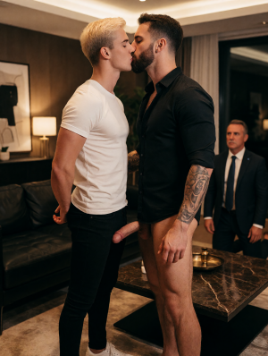 Dos hombres se besan de pie en un salón elegante con iluminación cálida; uno lleva camiseta blanca ajustada, pantalones negros y el pelo rubio corto, con las manos colocadas detrás de la espalda, mientras el otro viste una camisa negra abierta en el cuello, tiene barba, tatuajes en el brazo y está desnudo de cintura para abajo, con el pene visible. La escena ocurre junto a un sofá de cuero negro y una mesa de centro de mármol oscuro, en un ambiente sofisticado de habitación de hotel o despacho privado. Al fondo, un hombre con traje y corbata observa la escena de pie, aportando una tensión voyeurista y formal al momento íntimo.