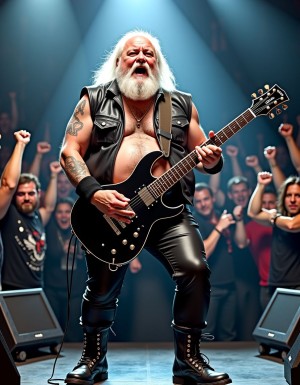 Un abuelo obeso de 65 años con una barba blanca y despeinada, vistiendo un chaleco de cuero negro con tachas de metal y mangas cortas, mostrando su torso peludo y sudoroso, con un pecho velludo y una gran barriga que sobresale por debajo del chaleco. Lleva pantalones de cuero negro ajustados y botas de cuero con hebilla de metal, y su cabello blanco es largo y despeinado, con algunos mechones cayendo sobre su frente. Está de pie en un escenario oscuro y lleno de humo, con luces estroboscópicas y altavoces a sus lados, y tiene una guitarra eléctrica negra con adornos de metal en sus manos, listo para tocar un poderoso riff de heavy metal. Su rostro está lleno de arrugas y tiene una expresión de intensidad y pasión, con los ojos cerrados y la boca abierta, como si estuviera a punto de gritar el estribillo de una canción. El fondo está lleno de fans de heavy metal con el puño en alto, y el abuelo es el centro de atención, listo para arrasar el escenario con su música.