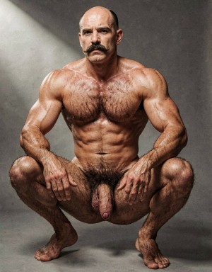 Mike Morris, a 32-year-old extremely lean Caucasian male with only 8% body fat, stands completely naked in a strict military attention pose captured in a full-body three-quarter view at a slight 45-degree angle. The shot runs from the tips of his size 44 slightly hairy feet all the way up to the top of his bald head, showing his entire body without any cropping. His physique is dry, vascular and powerfully defined: massive square pectorals covered in dense dark brown chest hair forming a thick T-pattern, sharply carved six-pack abs, narrow waist, wide flaring lats, and thick muscular thighs with dense dark hair. Dramatic directional studio lighting falls from high and slightly to the left, creating bright highlights on his tanned skin, the texture of his dense body hair across his chest, lower back and legs, and deep shadows that accentuate every muscle separation and vein. His advanced Norwood III-IV bald scalp is clearly visible, with short dense dark brown hair only on the sides and back of his head. His square, angular face with prominent jaw, thick dark handlebar mustache, heavy brows and intense deep-set brown eyes stares straight ahead with a serious, commanding expression. His penis is fully visible, completely natural and realistic: thick, 24 cm long when erect, with natural upward curve, prominent veins along the shaft, long foreskin that partially covers the pink-red glans, and realistic skin texture noticeably lighter than his bronzed body. Below it hang his large, low-hanging testicles with wrinkled darker skin and dense dark brown hair. The extremely thick, curly dark brown pubic bush climbs almost to his navel and spreads generously around the base of his cock and balls. Every detail from his veined hands and forearms to his diamond calves and hairy toes is perfectly proportioned and anatomically correct. Photorealistic, high-contrast, masculine 1970s Colt Studio aesthetic with subtle grainy film texture. . Está agachado. 