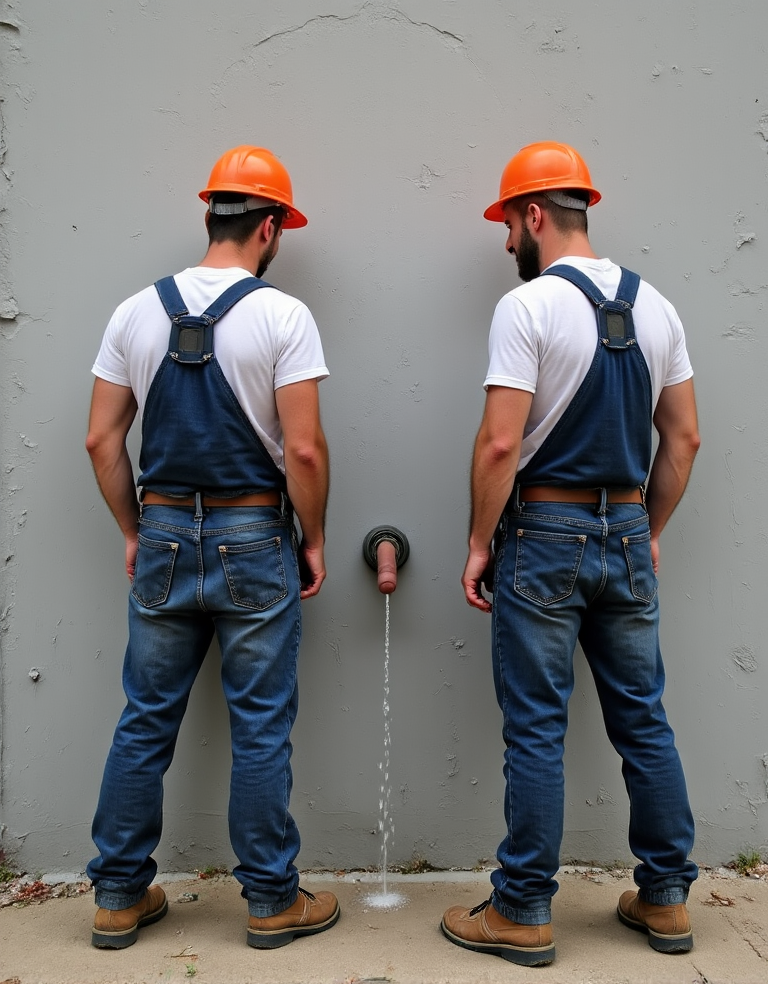 dos obreros d ela construcción en sus monos de trabajo, observan con curiosidad a uno de sus compañeros orienando atraves de un hueco en la tapia.