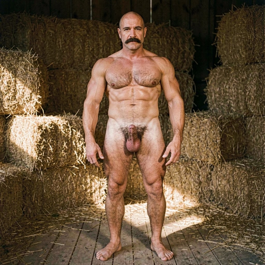 A 32-year-old Mike Morris stands completely and totally naked with bare feet on the wooden floor of a rustic barn surrounded by hay bales. His physique is athletic and heavily muscled with extreme definition and modern proportions. His face is long square and angular with high prominent cheekbones, a wide strong jaw, a square chin with a subtle central dimple, and a serious almost threatening expression. A high broad forehead with horizontal wrinkles from sun exposure frames his deep-set dark brown eyes, slightly almond-shaped with heavy drooping upper eyelids that give an intense aggressive look and thick bushy eyebrows low over them. Advanced Norwood III-IV baldness leaves his crown completely smooth and shiny with pronounced receding temples and only short dark brown hair remaining dense on the sides and back. A thick dense handlebar mustache in dark brown covers the entire upper lip. His straight nose has a wide bridge, thin lips on a small mouth, and medium ears lie close to the skull. His short thick neck shows visible veins with developed trapezius. Massive square pectorals display clearly visible muscle fibers and a deep central separation with small dark pink-brown nipples low and lateral. Six well-defined ab blocks and marked obliques sit under a very thin fat layer with a small sunken navel. His chest has dense dark brown curly hair forming a classic T-pattern down the sternum widening on the abdomen and becoming finer toward the navel. His back has dense dark brown hair on the lower back and between the lats. Arms and forearms are moderately hairy while thighs and diamond-shaped calves are densely covered with dark brown hair almost matching the chest density. Extremely dense dark brown curly pubic hair extends upward almost to the navel and spreads thickly across the groin and the base of his 14cm flaccid penis with prominent veins and pale skin contrasting sharply against the dark pubic bush, pink-reddish glans partially covered by moderate foreskin. Large low-hanging testicles have wrinkled darker skin with dense dark brown hair. His bare feet are size 44 EU with straight strong toes and dark brown hair on the instep and big toe. His medium-sized hands show prominent dorsal veins with short strong fingers and square nails. His entire body is tanned golden-medium brown, lit by warm natural daylight from the side that creates strong highlights on every muscle cut and deep shadows emphasizing his extreme definition, with the dense dark brown body hair clearly visible everywhere, shot in realistic 1970s erotic photograph style with film grain.