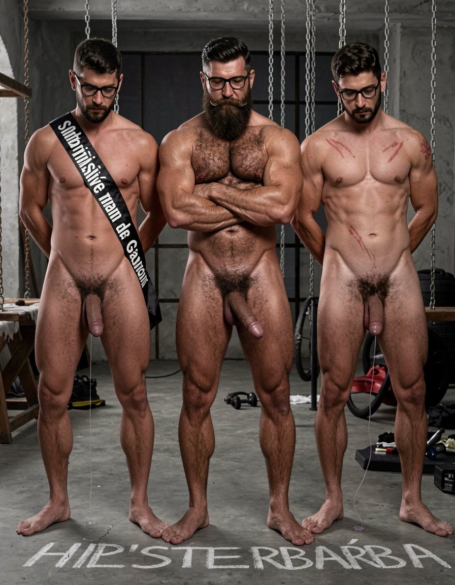 Hyperrealistic cinematic photograph inside a dark brutal dungeon gym with rough concrete floor, hanging metal chains, wooden stocks and BDSM equipment visible in the deep shadows. Dramatic side lighting with hard contrasts, strong highlights on sweaty muscles and deep black shadows, extreme detail and raw intensity.

Hipsterbarba stands tall and dominant exactly in the center of the frame, completely naked, 40 years old, 180cm 80kg 8% body fat, powerful muscle-bear physique covered in dense dark wet body hair across his thick chest, shoulders, defined abs and heavy thighs. Very long thick Bandholz beard reaching almost to his chest, curled handlebar mustache, black glasses, arms crossed, cold superior expression looking straight at the camera with absolute control.

To his right (left side of the image) stands Anil, 25 years old, extreme bodybuilder slave, completely naked, 175cm 80kg 6% body fat, massive 127cm pumped chest, perfect eight-pack, extremely wide V-taper back with fresh red whip marks, round high 90cm glutes, 70cm competition quads, completely smooth tanned skin from the neck down. Thick cock strangled at the base by a shiny metal cock ring, purple and swollen, long strings of precum dripping onto the floor. Head slightly lowered in total submission, hands behind his back, gaze down.

To his left (right side of the image) stands Víctor, 25 years old, extreme bodybuilder, completely naked, 175cm 80kg 6% body fat, massive 127cm pumped chest, perfect eight-pack, wide V-taper, round high glutes and 70cm competition quads, completely smooth tanned skin. A thick black textile victory sash is tightly crossed over his torso from right shoulder to left hip, with large, perfectly legible white capital letters in Spanish reading exactly “Esclavo de Gayon” across his chest and abs. His thick cock is fully erect and throbbing, heavy balls hanging low, standing at strict attention with respectful forward gaze.

On the concrete floor directly in front of each man, written in thick white chalk letters, perfectly visible and legible: “HIPSTERBARBA” under the center figure, “ANIL” under the man on the left side of the image, and “VÍCTOR” under the man on the right side of the image.

All three men standing upright in a straight line, full body view from head to toe. Raw atmosphere of domination, ownership and humiliation. Perfect anatomy, proportions, realistic skin texture, sweat, muscle striations and sharp text details. No distortions.