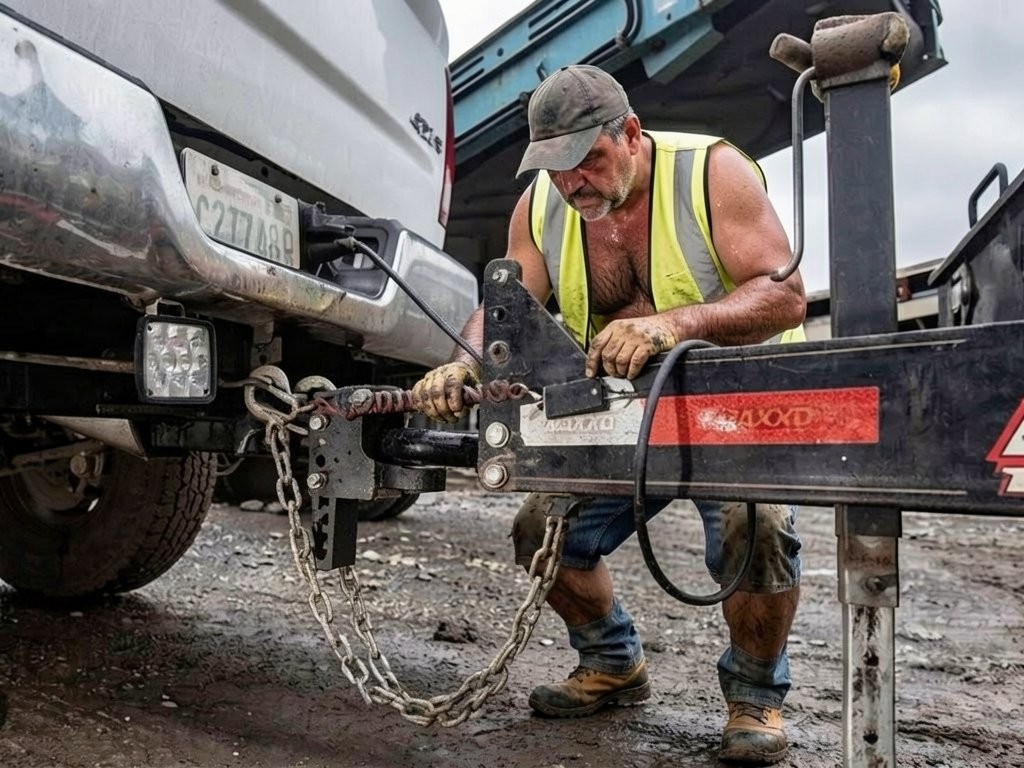 Un trabajador con chaleco reflectante amarillo, gorra y guantes manipula el enganche de un remolque junto a la parte trasera de una camioneta blanca, en una zona exterior embarrada y de trabajo pesado. La escena destaca por el acoplamiento metálico, las cadenas de seguridad colgando, el cableado del remolque y la estructura negra de la lanza, con marcas rojas reflectantes y señales de desgaste por uso. El hombre aparece concentrado, inclinado sobre el mecanismo, con ropa de faena, botas sucias y aspecto de operario de construcción o transporte, mientras ajusta la conexión entre el vehículo y el remolque en un entorno industrial o de obra.