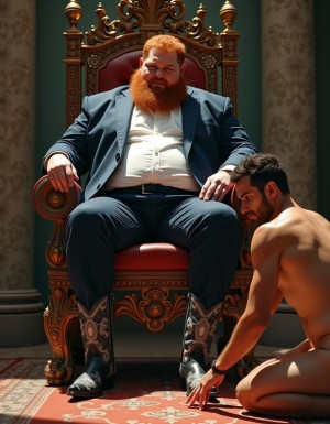 Un joven blanco, gordo y pelirrojo, con una barba espesa y bien definida, sentado en un trono alto y majestuoso, con un aire de autoridad y poder. El trono está adornado con intrincados diseños y patrones, y tiene un aspecto de lujo y opulencia. El joven pelirrojo viste un traje elegante y ajustado, que resalta su complexión física, y lleva un par de botas vaqueras de cuero negro, con adornos de plata y una punta afilada.

Frente a él, un hombre mexicano flaco y desnudo, con la piel morena y el cabello oscuro, arrodillado en el suelo, con la mirada baja y sumisa. El mexicano tiene las manos pequeñas y delicadas, y las utiliza para lustrar las botas vaqueras del joven pelirrojo, con movimientos suaves y precisos. La luz del sol se refleja en las botas, y resalta la textura del cuero y los adornos de plata.

El ambiente es de sumisión y poder, con el joven pelirrojo sentado en el trono, ejerciendo su autoridad y control sobre el hombre mexicano, que se encuentra arrodillado y desnudo a sus pies. La escena es de un realismo fotográfico, con detalles precisos y una iluminación que resalta la textura y la forma de los objetos y las personas. El enfoque está en la desnudez del hombre mexicano y en la opulencia y el lujo del trono y la ropa del joven pelirrojo.