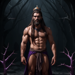 Un rey de aspecto imponente y musculoso permanece de pie en un bosque oscuro y sombrío, con una pequeña corona dorada sobre el pelo largo y una barba espesa que refuerzan su presencia dominante. Su torso desnudo muestra abdominales marcados, brazos fuertes y pecho definido, mientras una tela morada y marrón anudada a la cintura cae como faldón ceremonial, dejando las piernas poderosas parcialmente descubiertas. El entorno tiene un aire de fantasía oscura, con árboles retorcidos, ramas negras, niebla azulada y espinas púrpuras en primer plano, creando una atmósfera misteriosa, amenazante y regia.