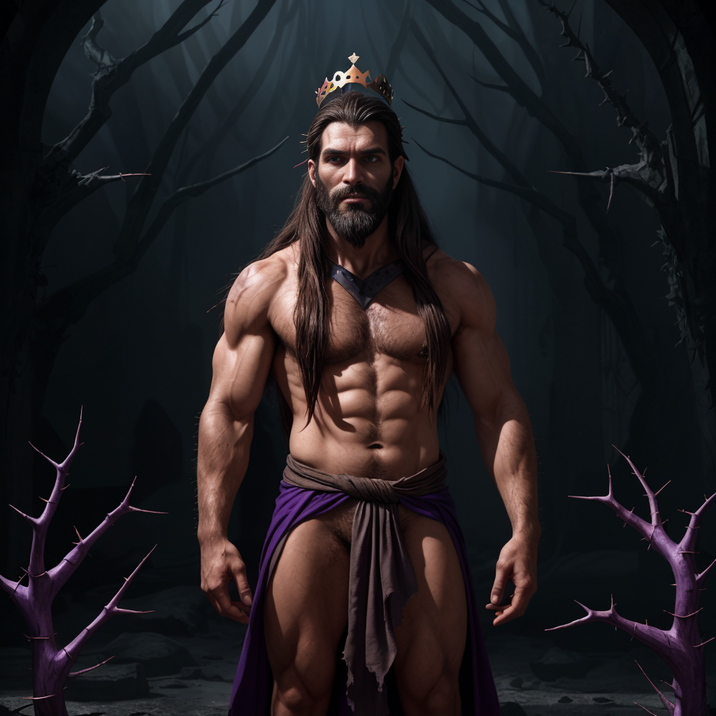 Un rey de aspecto imponente y musculoso permanece de pie en un bosque oscuro y sombrío, con una pequeña corona dorada sobre el pelo largo y una barba espesa que refuerzan su presencia dominante. Su torso desnudo muestra abdominales marcados, brazos fuertes y pecho definido, mientras una tela morada y marrón anudada a la cintura cae como faldón ceremonial, dejando las piernas poderosas parcialmente descubiertas. El entorno tiene un aire de fantasía oscura, con árboles retorcidos, ramas negras, niebla azulada y espinas púrpuras en primer plano, creando una atmósfera misteriosa, amenazante y regia.