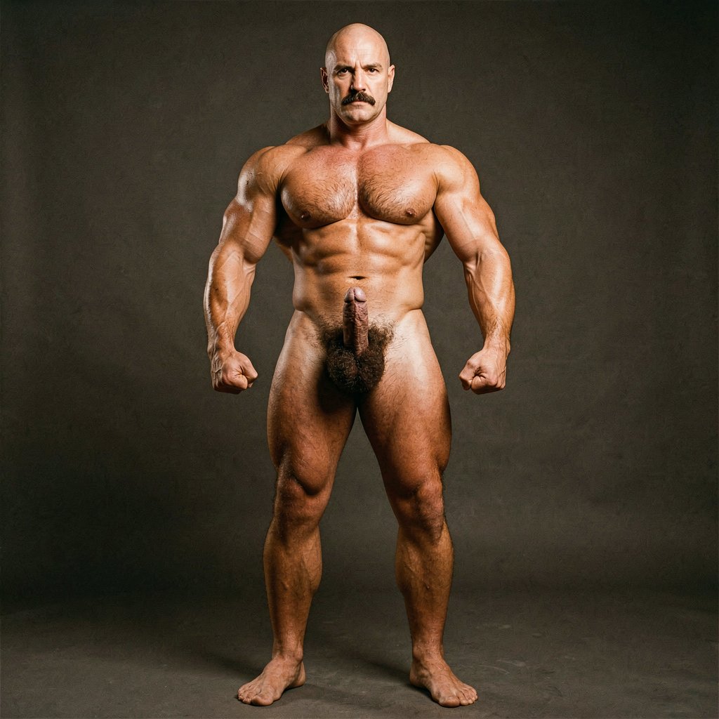 Mike Morris, the 32-year-old Caucasian bodybuilder with an athletic and extremely defined muscular physique, stands at full attention in a strict military pose, feet together, legs straight, back rigidly upright, shoulders back, chest thrust forward, arms at his sides with fists clenched, and head held high looking straight ahead with a serious, almost threatening expression. Full body shot from the tips of his toes to the top of his bald head. He is completely naked. His advanced Norwood III-IV male pattern baldness is clearly visible, with a shiny tanned scalp on top, short dark brown hair only on the sides and back. His square, angular face with strong jaw, prominent cheekbones, thick dark handlebar mustache, heavy brows, and intense deep-set brown eyes under slightly hooded lids stares forward with firm authority. His massive square pectorals are pushed out, dark brown chest hair forming a dense classic T-pattern down the sternum and spreading across his wide six-pack abs. Small dark nipples sit low on the pecs. A trail of dark hair leads to an extremely dense, thick, curly dark brown pubic bush that climbs almost to his navel. His heavy 14 cm flaccid cock hangs thick over large, low-hanging hairy testicles, the skin of the shaft noticeably lighter than his tanned body. Powerful veined forearms, developed traps flowing into delts, defined quads with visible separation, diamond-shaped calves, and hairy feet complete the figure. Warm directional studio lighting from above and slightly to the side creates sharp highlights on his oiled skin, deep shadows that accentuate every muscle fiber, the texture of his dense body hair, and the contrast between his tanned body and lighter genital area. Photorealistic, 1970s Colt Studio aesthetic, high contrast, masculine and commanding presence, grainy film texture.