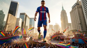 A footballer wearing FC Barcelona’s blue-and-red kit walks imposingly down a crowded urban avenue, surrounded by skyscrapers, with the Empire State Building in the background illuminated by the warm light of sunset. On both sides of the street, a crowd is celebrating, raising rainbow flags, banners, and arms amid colorful confetti, creating an atmosphere of a festive parade, pride, and massive celebration. Several floats decorated in vivid tones move through the people, while the player occupies the center of the scene with a serious and determined expression, like a heroic figure in the middle of a grand street party of football, diversity, and city.