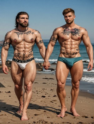 Dos hombres musculosos caminan cogidos de la mano por la orilla de una playa soleada, con el mar y las olas al fondo bajo un cielo despejado. Ambos llevan bañadores tipo slip ajustados, uno en tonos blanco y negro y el otro verde, dejando visibles sus torsos definidos, abdominales marcados, piernas fuertes y numerosos tatuajes en el pecho, hombros, brazos y abdomen. El hombre de la izquierda tiene barba, pelo largo oscuro peinado hacia atrás y una expresión seria, mientras que el de la derecha luce barba recortada, pelo corto castaño y mirada directa. La escena transmite una estética de pareja, fuerza física, verano, playa, moda de baño masculina y cuerpos atléticos en un entorno costero natural.