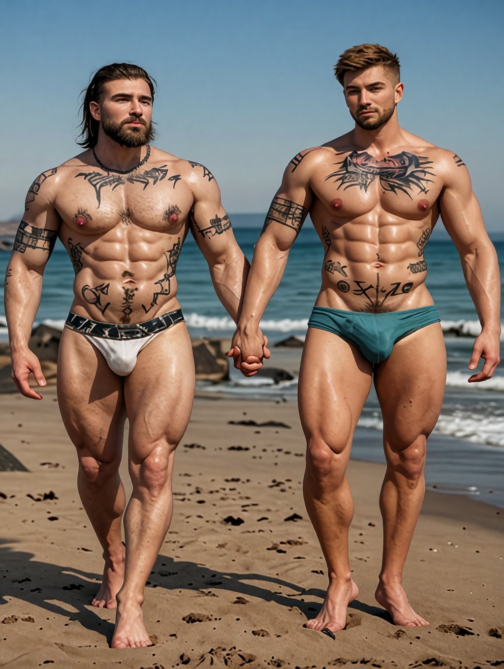 Dos hombres musculosos caminan cogidos de la mano por la orilla de una playa soleada, con el mar y las olas al fondo bajo un cielo despejado. Ambos llevan bañadores tipo slip ajustados, uno en tonos blanco y negro y el otro verde, dejando visibles sus torsos definidos, abdominales marcados, piernas fuertes y numerosos tatuajes en el pecho, hombros, brazos y abdomen. El hombre de la izquierda tiene barba, pelo largo oscuro peinado hacia atrás y una expresión seria, mientras que el de la derecha luce barba recortada, pelo corto castaño y mirada directa. La escena transmite una estética de pareja, fuerza física, verano, playa, moda de baño masculina y cuerpos atléticos en un entorno costero natural.