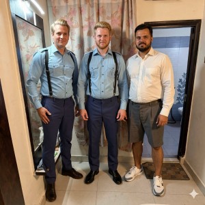 Three men pose standing in a narrow domestic interior, next to a floral curtain and an open door that reveals a room with a blind and a doormat. The two men on the left wear a coordinated outfit with light blue long-sleeved shirt, black suspenders, navy blue trousers and shiny black shoes, with a formal or uniform appearance; both have blond hair combed upward. The man on the right wears a white shirt, gray shorts and white and gray sneakers, with a trimmed beard and a relaxed posture. The scene is lit with warm light, on a light tile floor, and conveys a casual group photograph before going out or during a gathering.