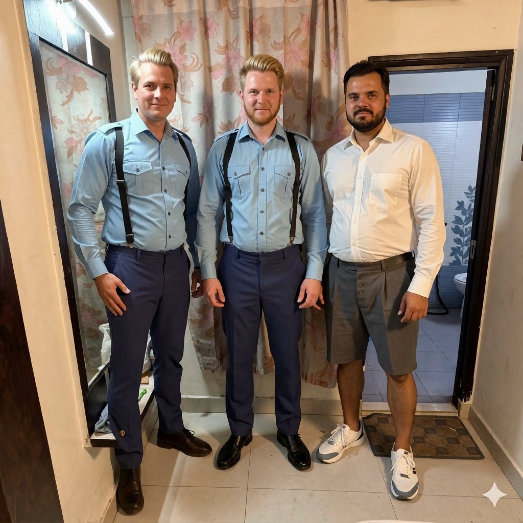 Tres hombres posan de pie en un interior doméstico estrecho, junto a una cortina floral y una puerta abierta que deja ver una estancia con persiana y felpudo. Los dos hombres de la izquierda llevan un atuendo coordinado con camisa azul claro de manga larga, tirantes negros, pantalón azul marino y zapatos negros brillantes, con un aspecto formal o de uniforme; ambos tienen el pelo rubio peinado hacia arriba. El hombre de la derecha viste camisa blanca, pantalón corto gris y zapatillas deportivas blancas y grises, con barba recortada y una postura relajada. La escena está iluminada con luz cálida, sobre suelo de baldosas claras, y transmite una fotografía casual de grupo antes de salir o durante una reunión.